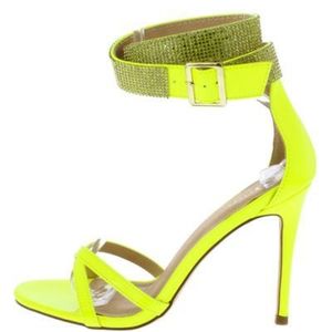 OLIVIA Neon Yellow Patent Open Toe Rhinestone Heel